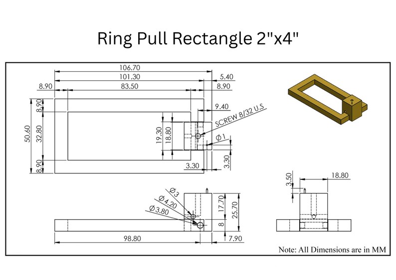 Puede incluir: Dibujo t&eacute;cnico de un tirador rectangular, etiquetado como "Ring Pull Rectangle 2"x4". Las dimensiones est&aacute;n en mil&iacute;metros. Incluye una vista isom&eacute;trica 3D del tirador. Tambi&eacute;n est&aacute; presente el texto "Note: All Dimensions are in MM".