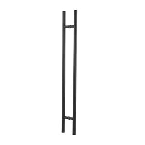 May include: A black door pull handle with a modern design. The handle is a long, vertical bar with a rounded grip at each end, and a connecting bar in the middle. The handle is made of metal and has a matte finish.