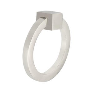 May include: A brushed nickel cabinet pull with a square base and a rounded ring handle. The hardware is a neutral silver color and is designed for furniture or cabinetry. The ring handle is a simple, modern design.