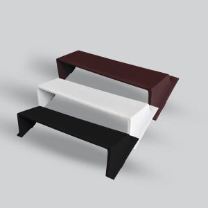 May include: Three modern benches in a stacked arrangement. The top bench is a deep burgundy, the middle one is white, and the bottom is black. Each bench has a minimalist, angular design.
