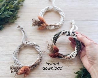 PDF Macrame Pattern | Mini Wreath Ornament with Florals | Beginner