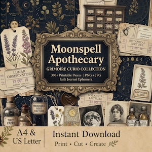 Kit de efímeros Moon Apothecary, más de 300 elementos imprimibles para diario creativo, imprimibles botánicos vintage, páginas para diario lunar, descarga digital.