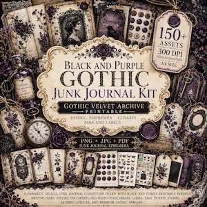 Può includere: Un kit di junk journal digitale con design gotici neri e viola, che include carte stampabili, effimeri, etichette e tag. La collezione mostra illustrazioni in stile vintage, un orologio da taschino e il testo Black and Purple Gothic Junk Journal Kit.