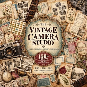 May include: A digital collection titled The Vintage Camera Studio featuring 150+ assets including vintage camera illustrations, floral tags, film strips, antique paper textures, postage stamps, and a pocket watch, all arranged in a collage format.