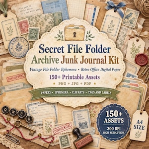 May include: A collection of vintage-style paper ephemera including tags, labels, stamps, and file folders. The central label reads Secret File Folder Archive Junk Journal Kit 150+ Printable Assets. Includes typewriter keys, a key, and paper clips.