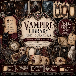 May include: A digital junk journal kit titled Vampire Library featuring 150+ assets including papers, ephemera, cliparts, tags, and labels. The collection displays gothic imagery, including a black cat, a white cat, clocks, and ornate frames.