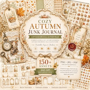 May include: A digital junk journal kit featuring autumn-themed papers, ephemera, and stickers. The central label reads COZY AUTUMN JUNK JOURNAL, COTTAGECORE FALL AUTUMN PAGES, 150+ ASSETS, 300 DPI, and PNG + JPG + PDF. Includes tags, clocks, and keys.