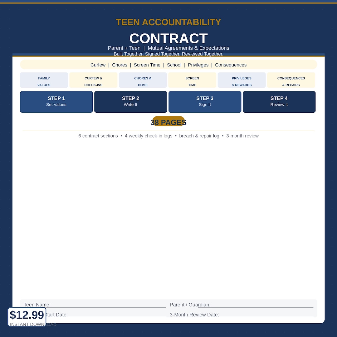 Student Accountability Contract Example Teen Accountability Agreement | Parent and Teen Behavior Contract for ...