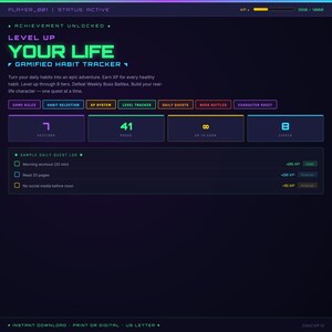 May include: Digital habit tracker with a dark purple background. The text "LEVEL UP YOUR LIFE" is in green. The tracker includes sections, pages, XP to earn, and levels. It also shows a sample daily quest log with tasks like morning workout and reading.