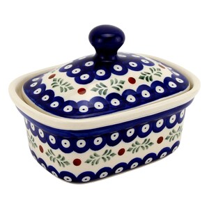 Polish Pottery Butter Dish with Lid, 5.75" L x 4" W x 4" H, Capacity: 14 Oz., - Zaklady Boleslawiec Butter Dish with Knob Handle