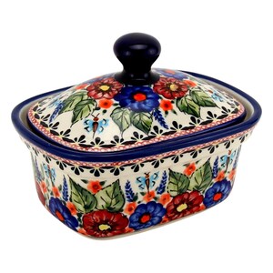Polish Pottery Butter Dish with Lid, 5.75" L x 4" W x 4" H, Capacity: 14 Oz., - Zaklady Boleslawiec Butter Dish with Knob Handle