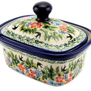 Polish Pottery Butter Dish with Lid, 5.75" L x 4" W x 4" H, Capacity: 14 Oz., - Zaklady Boleslawiec Butter Dish with Knob Handle