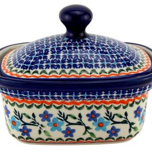 Polish Pottery Butter Dish with Lid, 5.75" L x 4" W x 4" H, Capacity: 14 Oz., - Zaklady Boleslawiec Butter Dish with Knob Handle