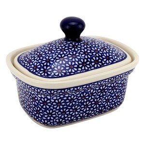 Polish Pottery Butter Dish with Lid, 5.75" L x 4" W x 4" H, Capacity: 14 Oz., - Zaklady Boleslawiec Butter Dish with Knob Handle
