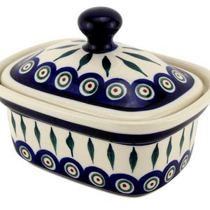 Polish Pottery Butter Dish with Lid, 5.75" L x 4" W x 4" H, Capacity: 14 Oz., - Zaklady Boleslawiec Butter Dish with Knob Handle