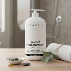 Tea Tree Bath and Shower Oil | In-Shower Body Conditioner | Post-Shower Moisturizer | Magnesium & Peppermint for Sore Muscle Relief