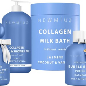 Puede incluir: Un conjunto de productos de baño azules, que incluyen un spray para almohadas, aceite de ducha, baño de leche y baño de burbujas. Los productos "NEWMiUZ" contienen jazmín, coco y vainilla.