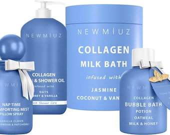 Set de baño y cuerpo de vainilla dulce / Pack de 4 productos esenciales para el cuidado personal / Spray para almohada, Acondicionador corporal, Baño de leche, Baño de burbujas / Regalo relajante