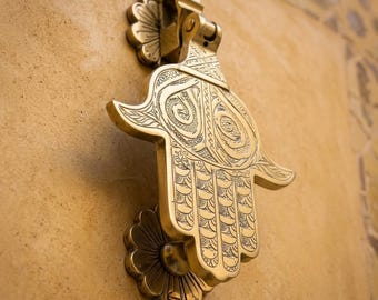 Hand Carved Brass Hand of Fatima Door Knocker: Moroccan Jewish