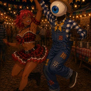 Pode incluir: Uma ilustração de duas figuras dançando em um festival. Uma figura tem cabelo vermelho, chifres e um traje xadrez vermelho. A outra figura tem um grande globo ocular azul como cabeça, usa um chapéu de palha, camisa xadrez azul e jardineira jeans com remendos.