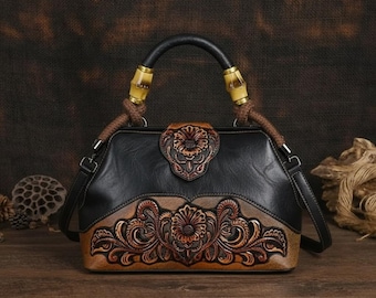 Sac à main en cuir floral repoussé | Sac à bandoulière vintage en cuir véritable | Porte-monnaie artisanal à poignée supérieure