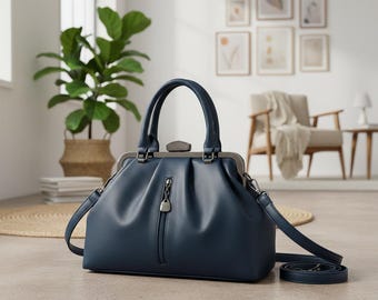 Frame Top Handbag | Navy Blue Leather Shoulder Bag | Vintage Style Crossbody Purse