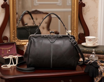 Metal Frame Clasp Bag | Black Faux Leather Doctor Purse | Vintage Shoulder Handbag