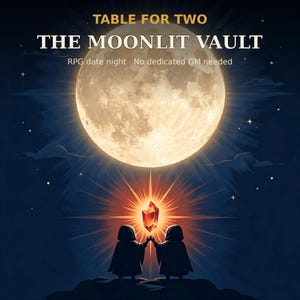 May include: A digital illustration titled TABLE FOR TWO THE MOONLIT VAULT RPG date night No dedicated GM needed. It features two hooded figures standing on a dark hill, reaching toward a glowing red crystal under a large, bright full moon.