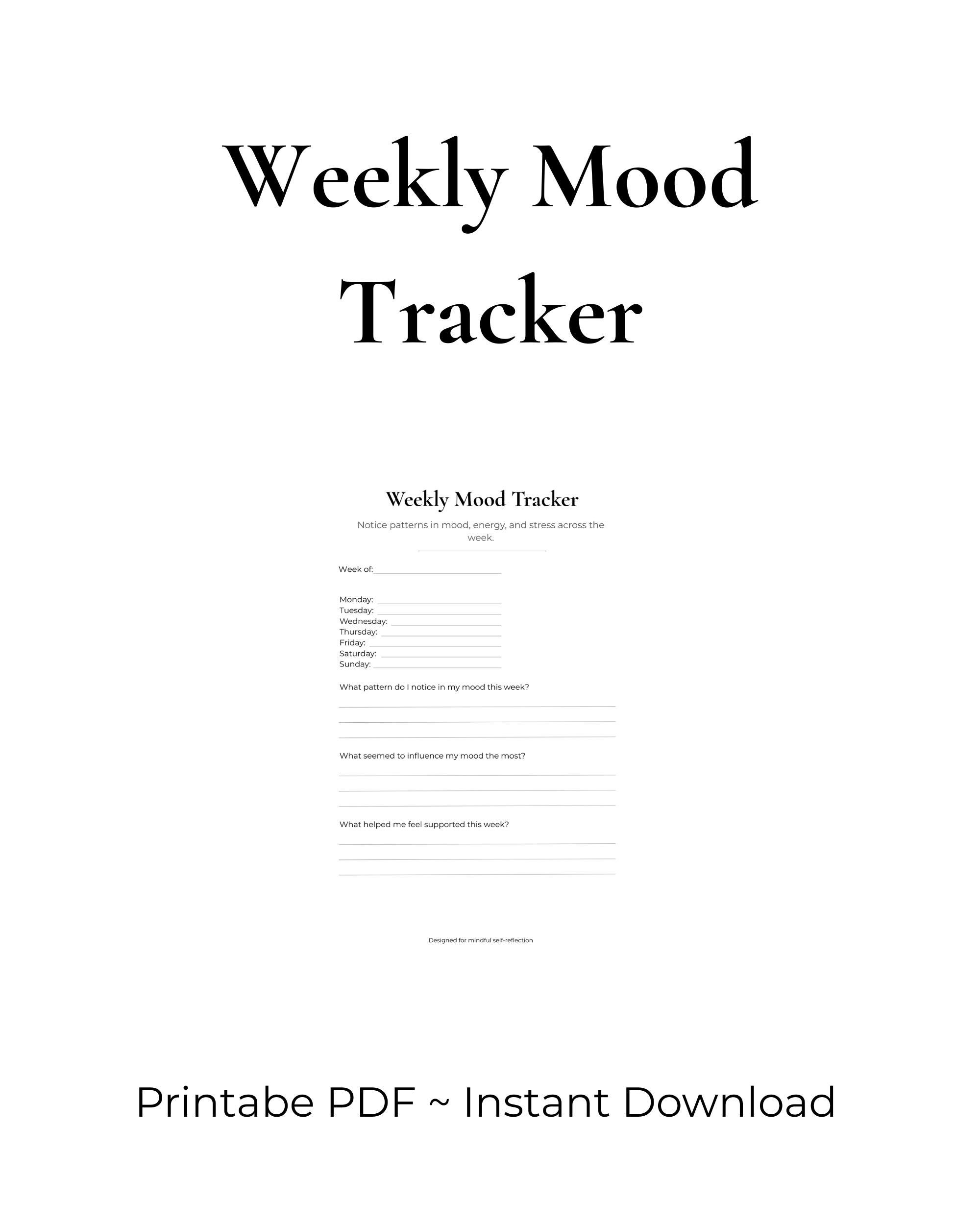 Weekly Mood Tracker Printable ~ Mental Health Reflection Worksheet ...