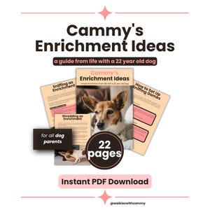 以下が含まれることがあります： Cammy's Enrichment Ideas, a guide from life with a 22 year old dogというタイトルのデジタルガイド。このドキュメントは、すべての犬の飼い主向けの情報が22ページにわたって記載されており、嗅覚ゲームや破壊遊びに関するテキストと、インスタントPDFダウンロードが含まれています。