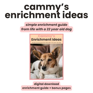 May include: A digital download titled "Cammy's Enrichment Ideas" with a photo of a dog. The text reads "simple enrichment guide from life with a 22 year old dog" and "enrichment guide + bonus pages."
