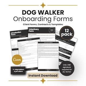 May include: A collection of dog walker onboarding forms, contracts, and templates. The forms include an introduction form, veterinary form, and terms and conditions. The pack includes 12 forms and is available for instant download.