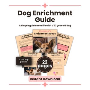 Può includere: Una guida digitale sull'arricchimento per cani intitolata "Dog Enrichment Guide" con il sottotitolo "Una semplice guida dalla vita con un cane di 22 anni". La guida include idee di arricchimento, giochi di fiuto e informazioni sui puzzle. È di 22 pagine ed è disponibile per il download immediato.