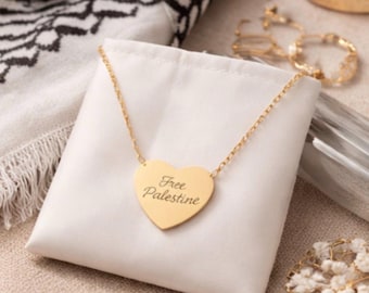 Free Palestine Engraved Heart Pendant Necklace | 18K Gold PVD Coating, Chain Link