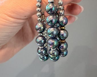 Peacock Freshwater Shell Pearl Bracelet | Iridescent Pearl Stretch Bracelet | Mixed Metal Bracelet | 9.28 Anniversary Edit