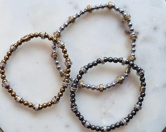The Arcadia | Greek Key Hematite Stretch Bracelet | Waterproof Stackable Bracelet | Gold, Silver & Gunmetal | Everyday Greek Jewelry