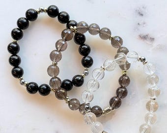 The Alignment Collection | Gemstone Bracelet Stack | Smoky Quartz, Clear Quartz & Shungite | Grounding Protection Energy Bracelets
