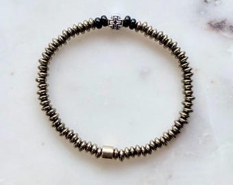 The Byzantine Bracelet | Dainty Mixed Metal Cross Bracelet | Gold & Silver Hematite | Greek Inspired Jewelry | Stretch Beaded Bracelet