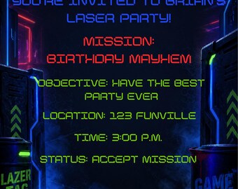 Laser Tag Birthday Invitation, Neon Gamer Party Invite, Editable Canva Template (Digital Download)
