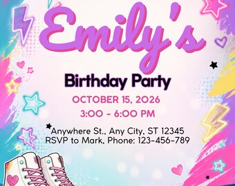 Retro 80s Roller Skating Birthday Invitation, Neon Party Invite (Digital Download)