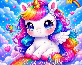 Magical Unicorn Birthday Invitation, Rainbow Party Invite, Editable Canva Template (Digital Download)