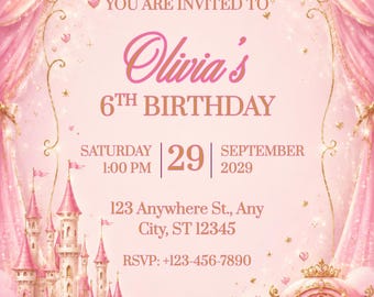 Editable Princess Birthday Invitation, Pink Gold Fairytale Castle Party Template (Digital Download)