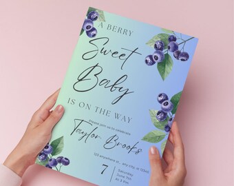 Berry Sweet Baby Shower Invitation Template, Blueberry Watercolor Invite (Digital Download)