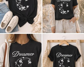 Dreamer T-Shirt PNG, Inspirational Moon Floral Graphic (Digital Download)