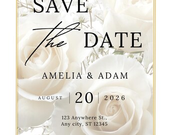White Rose Save the Date Template | Elegant Gold Wedding Announcement (Digital Download)