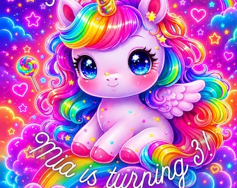 Neon Unicorn Birthday Invitation | Rainbow Magical Party Invite (Digital Download)