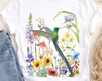 Watercolor Hummingbird Wildflower PNG, Floral Shirt Design (Digital Download)
