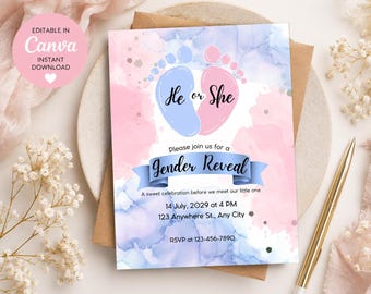 Modern Gender Reveal Invitation Template | He or She Footprints (Digital Download)