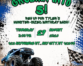 Monster Truck Birthday Invitation, Crushin Into 5, Editable Canva Template (Digital Download)
