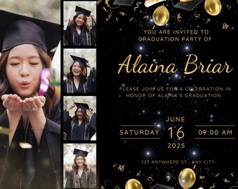 Graduation Party Invitation Template – Editable Canva Template – Black & Gold Modern Photo Invite